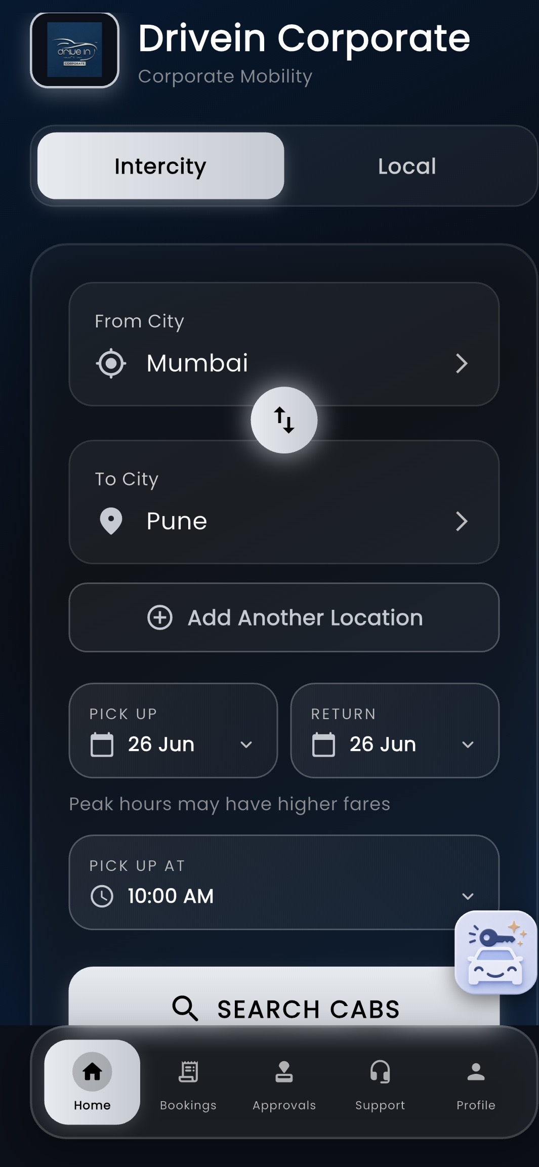 Drivein Corporate app — book a ride